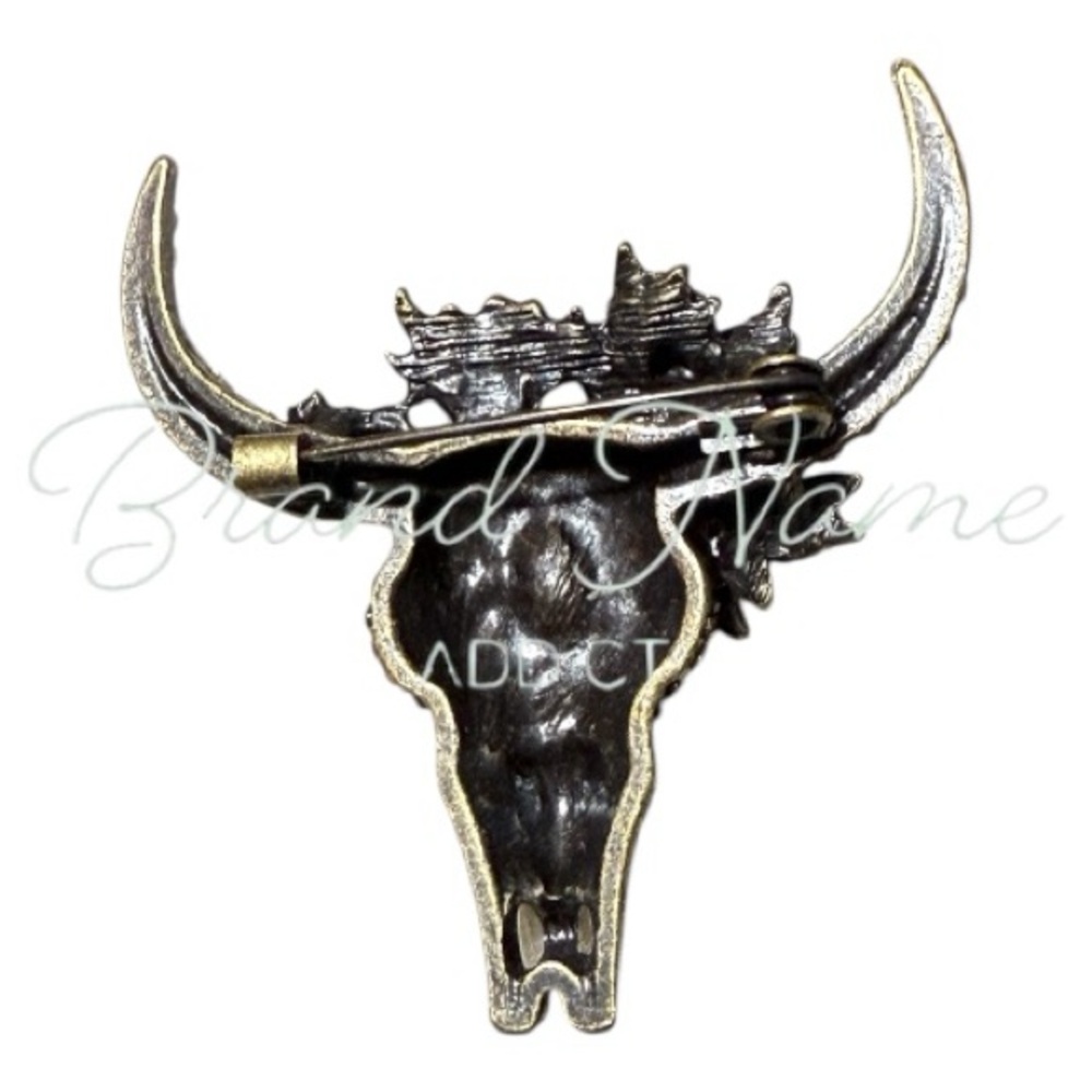 PRICE IS FIRM - Southwestern Brassy Tone Rhinestone Floral Skull Brooch - Picture 4 of 4